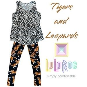 LulaRoe Tiger Leggings O/S and Leopard Print Tank Size Large Outfit